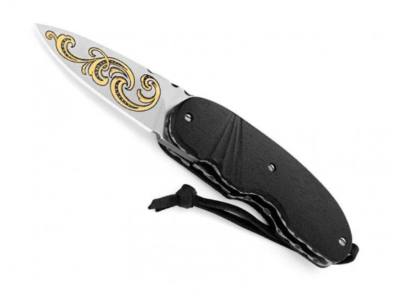 Maserin 387.kt Couteau lame  acier N690Co satiné manche 8 cm   en bois ébène, ressort guilloché noir