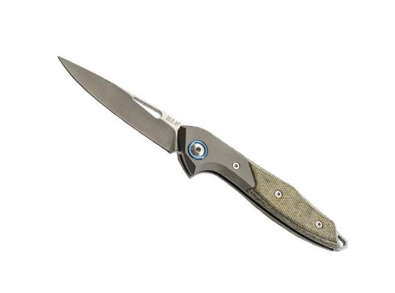 Mkm mk.my02gct Couteau  lame  acier M390 Bohler  manche 10 cm micarta, mitre titanium 6AL4V, pivot titanium Anodisé bleu vert