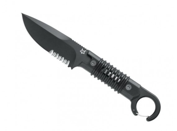 Fox Production fx.630b Poignard lame  semi-dentée 9 cm acier N690Co Idroglider noir manche 9 cm  G10 mousqueton anneau  noir