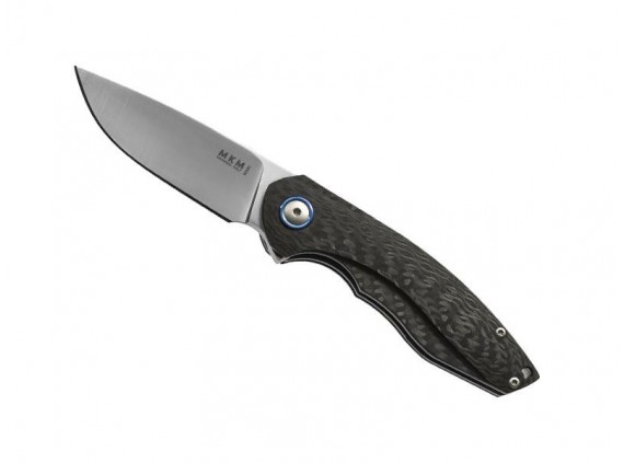 Mkm mk.vp02c Couteau  lame acier M390 Bohler satiné manche 10,5 cm  fibre carbone, pivot titanium anodisé bleu, entretoise noir