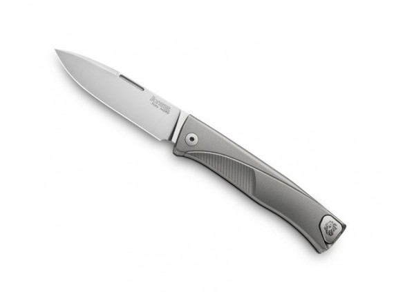 Lionsteel tl.gy Couteau  lame  acier M390 Bohler satiné   manche 10 cm  monobloc SOLID® de  titanium 6AL4V anodisé bleu gris