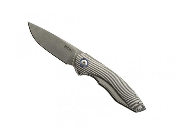 Mkm mk.vp02t3 Couteau  lame  acier M390 Bohler  manche 10,5 cm  titanium 6AL4V anodisé gris, entretoise/clip titanium bleu