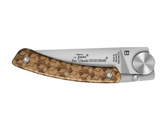 CDozorme 4967.na Couteau  lame acier X50CrMoV15 à cran intérieur manche 10,5 cm en inox habillage chêne  gravure nid d'abeilles