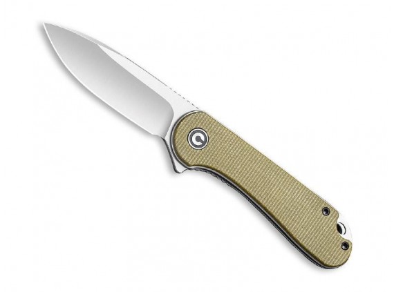 Civivi c907s Couteau lame de 7,6 cm en acier D2 satiné avec « flipper » manche 10 cm inox gris avec plaq. micarta vert olive