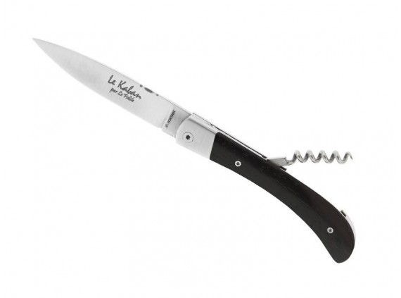 Le fidèle kaebtb Couteau  lame acier 12C27 manche 11,5 cm en bois d'ébène, mitre inox, dos lame et ressort guillochés