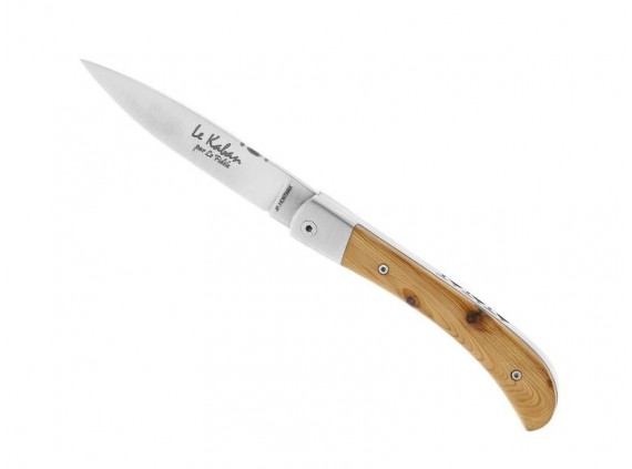 Le fidèle kage Couteau  lame acier 12C27 manche 11,5 cm en bois de genévrier, mitre inox, dos lame et ressort guillochés