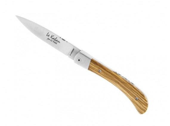 Le fidèle kaol Couteau  lame acier 12C27 manche 11,5 cm en bois d'olivier, mitre inox, dos de lame et ressort guillochés