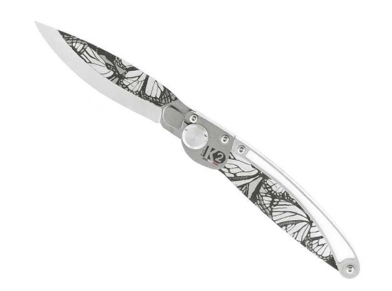 k2 k2.21m couteau lame 10 cm  acier Z40C13 microbillé  manche 11,5 cm décor papillons