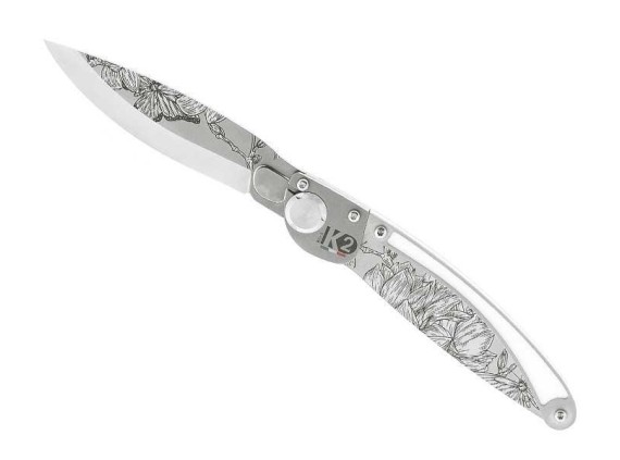 k2 k2.22m couteau lame 10 cm  acier Z40C13 microbillé  manche 11,5 cm  décor magniola