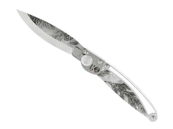 k2 k2.23m couteau lame 10 cm  acier Z40C13 microbillé  manche 11,5 cm décor pins