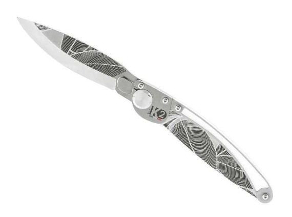 k2 k2.19m couteau lame 10 cm  acier Z40C13 microbillé  manche 11,5 cm décor tropical