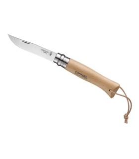 OPINEL 1321 couteau gamme origine n° 8 VRI, lame inox, manche 11 cm hêtre avec lacet cuir, virole tournante, en berlingot.