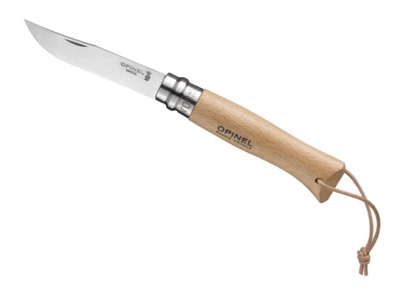 OPINEL 1321 couteau gamme origine n° 8 VRI, lame inox, manche 11 cm hêtre avec lacet cuir, virole tournante, en berlingot.
